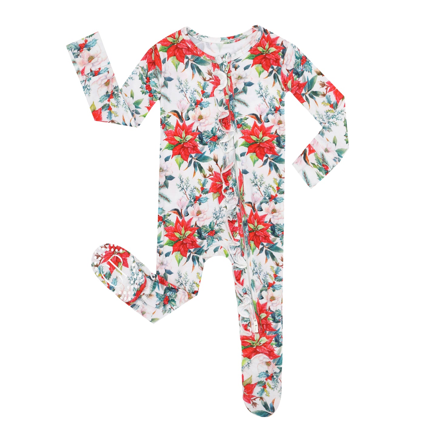 Holiday Flowers Ruffled Footie Zippered One Piece